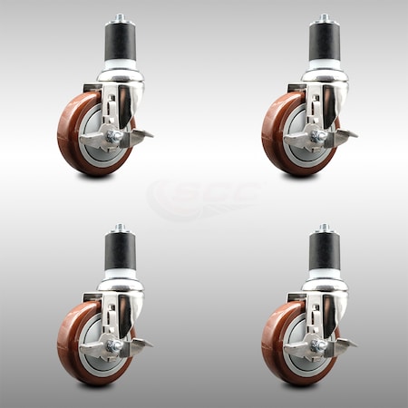 Service Caster 4 Inch 316SS Maroon Poly Swivel 1-7/8 Inch Expanding Stem Caster Set Brake SCC SCC-SS316EX20S414-PPUB-MRN-TLB-178-4